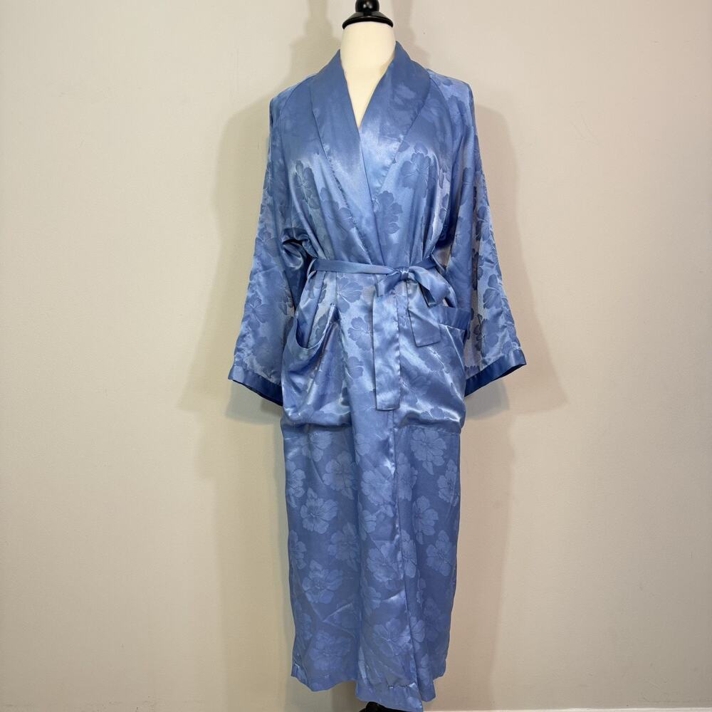 VINTAGE VICTORIA’S SECRET Gold Label Robe Blue Floral Satin Jacquard Long P/S